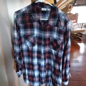 Plaid Button-Up Shirt with Studded Shoulders